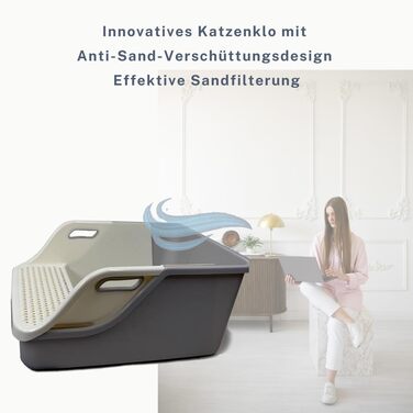 Кішка туалет Petix з ситом, XXL великий туалет з ситом, лопатка для фільтрації піску, захист від розбризкування, 72 x 41 x 29 (см), легко чистити (зелений/білий, сірий)