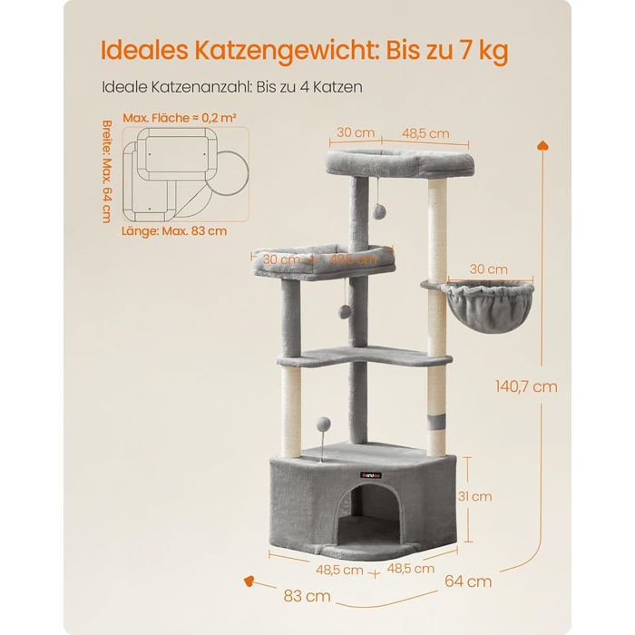 Дряпка для котів Feandrea, кігтеточка з лежаком, платформами та іграшками, 140.7 см, сірий PCT009G01