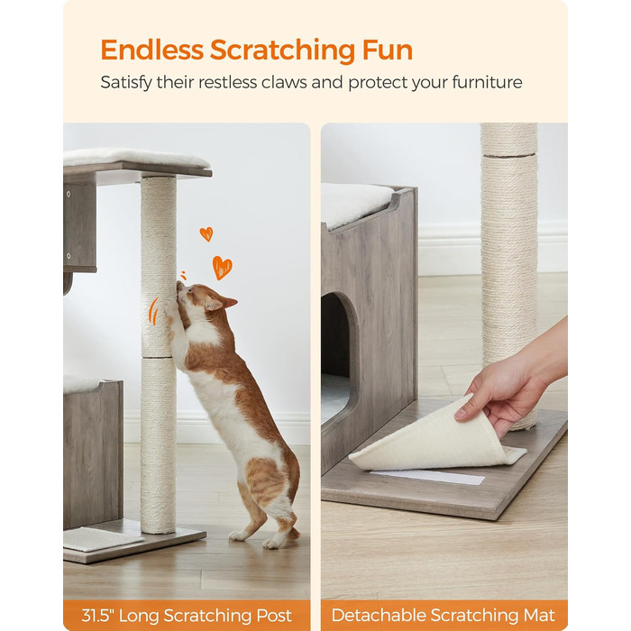 Котячий комплекс Feandrea WoodyWonders UPCT070G01, 86 см, сучасний котячий будинок-турнікет з 3 сидіннями, кігтеточка, мат, будиночок, 4 знімні пральні подушки, сіро-білий