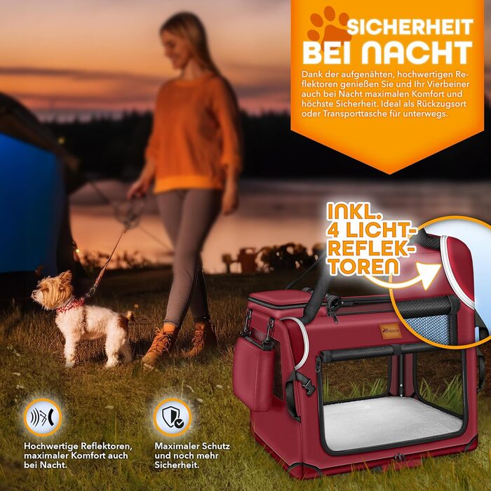 Трейвел-бокс для собак та котів TRESKO® S 50x34x34cm | Розкладний, з підкладкою, лопаткою та світловідбивачами | Для маленьких та великих собак | Червоний