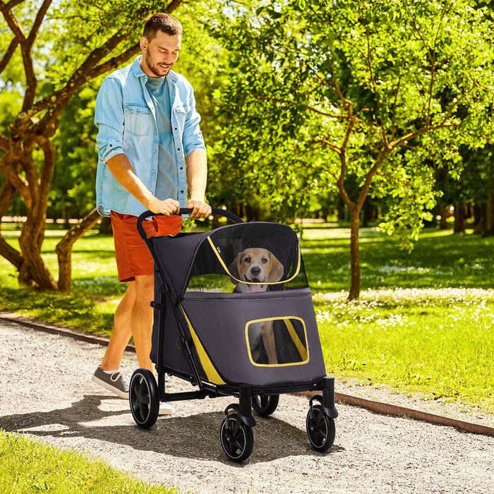Коляска для собак PawHut Dog Buggy складна з подушкою та страхувальними шнурами, баггі для кішки з сітчастим віконцем та бічною кишенею з тканини Oxford темно-сірого кольору