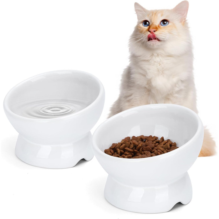 Набір мисок для котів Nobleza (2 шт) з кераміки, нахил 15°, проти блювоти, для корму та води, підходить для котів та маленьких собак, білий колір