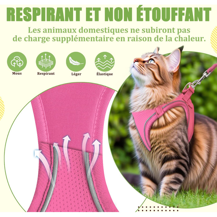 Нашийник для котів Qianruida з повідком, регульований, зручний, дихаючий, світловідбиваючий (Рожевий, XXS)