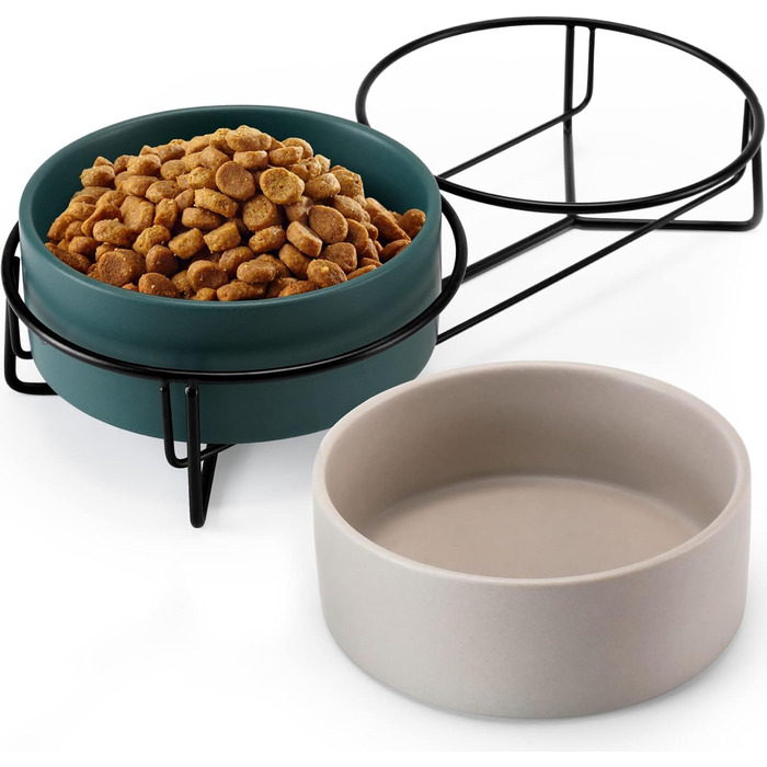 Набір мисок для котів PETTOM з підставкою (2 шт.), кераміка, захист шиї, зелений + сірий
