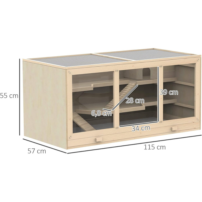 Клітка для тварин PawHut, клітка для гризунів з рампою та гойданням, верхня кришка відкривається, знімна піддон, дерево сосна та PS пластик, 115 x 60 x 55 см