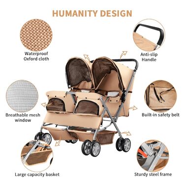 Візок для собак Joyfultails, двомісний візок для домашніх тварин та дітей, складаний візок для 2 собак та котів, двомісний візок-переноска, візок для прогулянок з двома собаками, візок для тварин для подорожей зі зберіганням, бежевий
