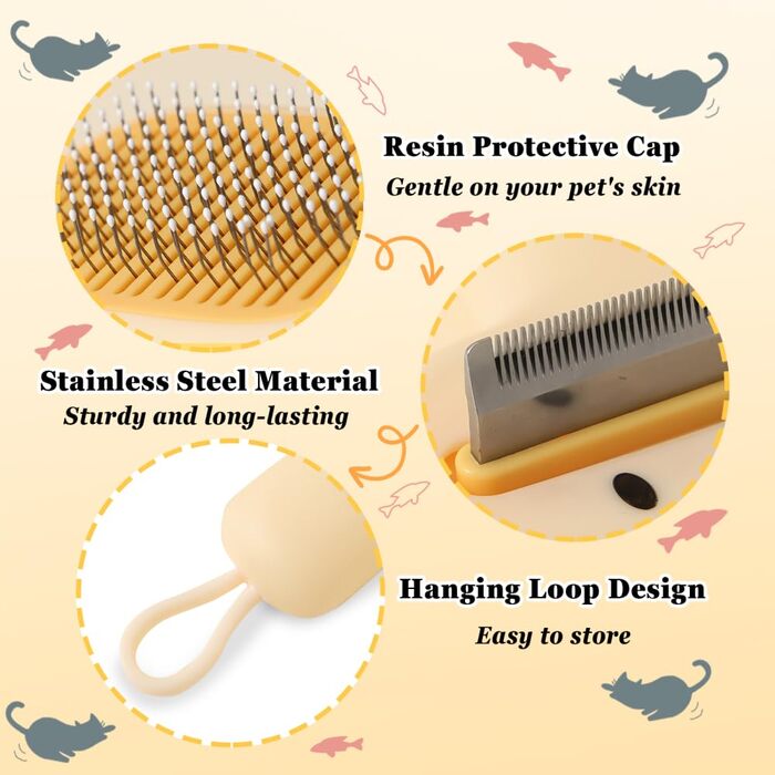 Щітка для собак та котів 2-в-1, самоочисна, зі сталевим гребенем для короткої та довгої шерсті, щітка для вичісування з миттєвим очищенням для собак та котів середніх та довгих порід