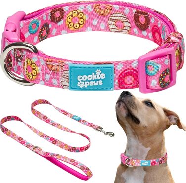 Нашийник і повідок для великих собак Cookie Paws, м'який неопрен, зручний, регульований, швидка застібка, міцний, дихаючий, легко чиститься, рожевий з пончиками, стильний