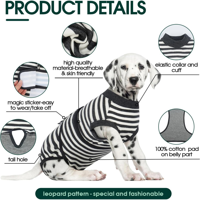 Комбінезон для собак після операції Kuoser, сірий у смужку, L (обхват грудей 59-70 см, обхват шиї 41-51 см)