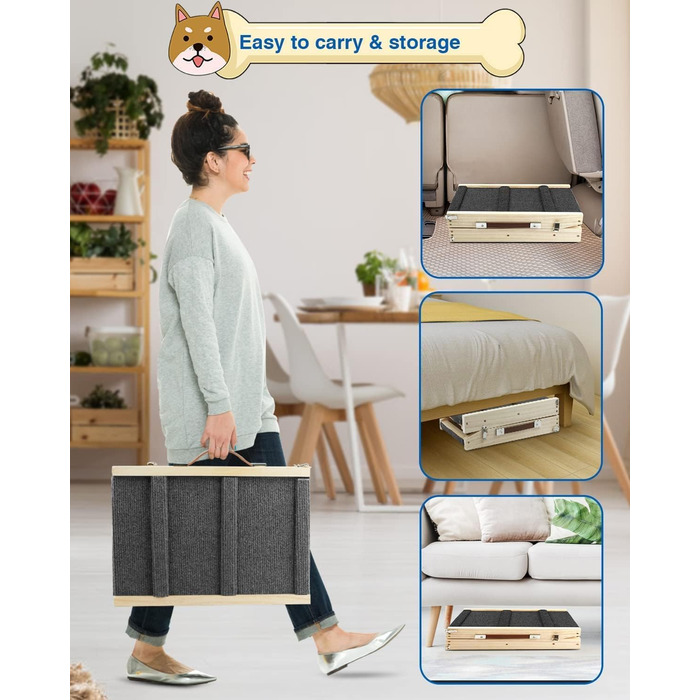 Дерев'яна пандус для собак та котів, регульована висота 25-48 см, з антиковзним килимком, складана