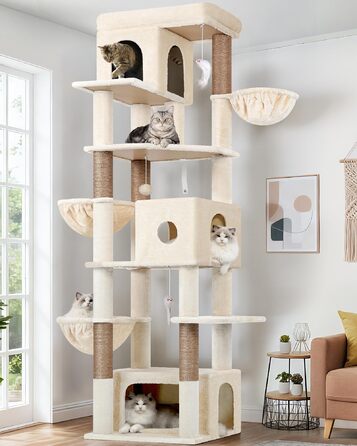 Драбина для котів Globlazer Beige XXL 204 см з 3 будиночками, 2 платформами, 3 м'якими кошиками. Стабільна для 3-5 котів.