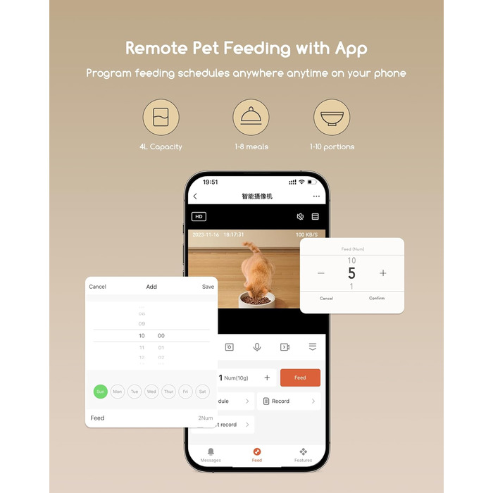 Автоматичне годування котів Faroro WiFi з відеоспостереженням 3MP HD, нічне бачення, 4L, двосторонній зв'язок, керування через APP, розпізнавання руху, подвійний захист