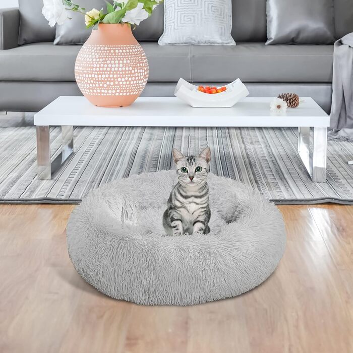 Кругле ліжко для собак та котів LYNAX, плюшеве, 60x60 см, сіре (для маленьких та середніх собак)
