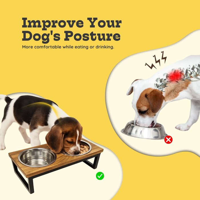 Підвищений дерев'яний стійка для собак AASPIRE PETS з 2 нержавіючими мисками – для води та корму, об'єм 0,9 л, годівниця для собак середніх порід