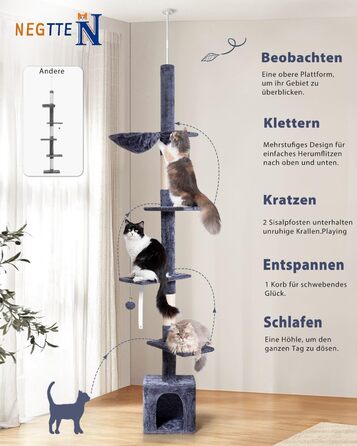 Кігтеточка NEGTTE з регулюванням висоти (230-275см) - кігтечочний комплекс з 2 кігтеточними стовпами, гамаком та будиночком. Вузька кігтеточка висотою для невеликих приміщень, система натягу стелі, страховий ремінь, темно-сірий колір