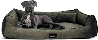 Ортопедичне ліжко для собак Tierlando® Bruce з знімним та пральним велюровим покриттям, диван для собак середніх та великих порід. Розмір: 110x90см, Колір: Оливковий (26). Розміри: 110 x 90 x 25 см