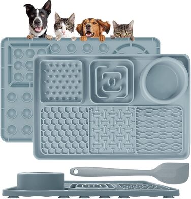 Силіконова килимок-заспокійвач для собак та котів Cooltto з мискою з нержавіючої сталі, з присосками, для грумінгу, миття та тренувань (Сірий, Модель A- 6 в 1 з 59 присосками)