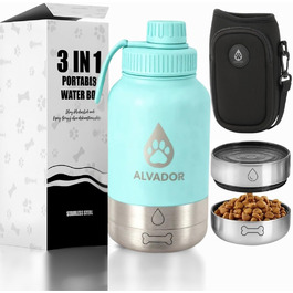 Поїлка для собак на 1000 мл з переносною сумкою, 4-в-1, нержавіюча сталь, ізольована, не протікає, BPA-free, з мисками для води та корму, аксесуари для собак, блакитний колір