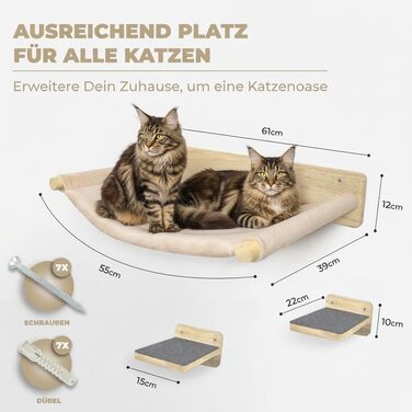 WOOWOOD® Комплект для лазіння котів - 5 частин, з масиву дерева - стіна для котів, драбина, гамак, крізьбард, меблі для котів