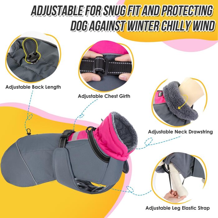 Зимовий собачий одяг SlowTon: водонепроникний, регульований, з флісовою підкладкою та капюшоном, для малих, середніх та великих собак, Tarngrün (Fuchsie, M)