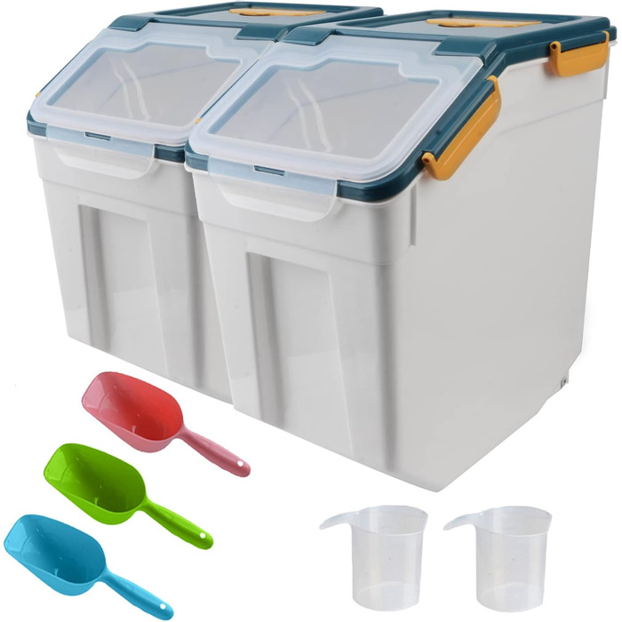 Контейнери для зберігання їжі з кришкою та колесами, 10 кг, великі, герметичні, для корму для собак та котів, борошна, мюслі, горіхів, бобів, з мірним стаканом та лопаткою, блакитні, 2 шт.