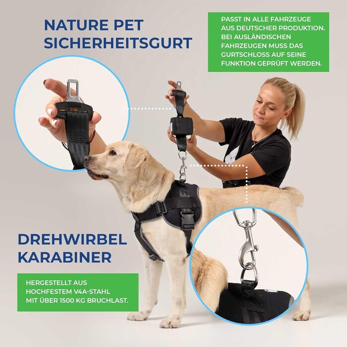 Автоматичний собачий ремінь безпеки для автомобіля - висувний, німецьке виробництво / Ремінь для собак середніх та великих порід / Ремінь з поворотним карабіном з нержавіючої сталі