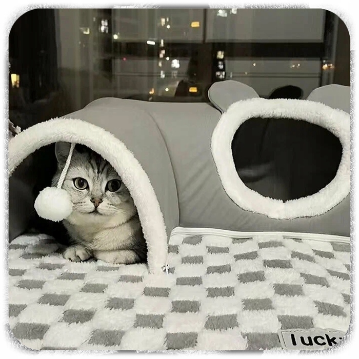 Плюшеве ліжко-шахівниця для котів з тунелем 2в1, сіре, розмір XL 86x70x26 см