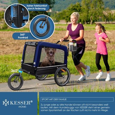 KESSER® Візок для собак Боксер 3-в-1: візок, буксир для велосипеда та буксир для бігу. Великий об'єм 240 літрів, амортизація, поворотне переднє колесо 360°, матеріал 600D Oxford Canvas, SmartSpace, максимальне навантаження 40 кг, колір Navy Blue