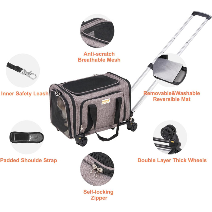 Тролей для собак VEVOR, складаний рюкзак для собак до 15,8 кг, переноска з 600D Oxford, 4 колеса, кишені для зберігання, ідеально для подорожей на авто та прогулянок (сірий, 11 кг)