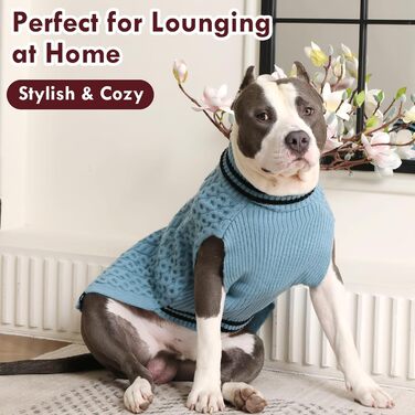 Синій теплий зимовий пуловер для собак середнього розміру з коміром-горловиною, в'язаний з косами, для дівчаток, XXXXL (тепла собача одіяння, набір, для холодної погоди, на Різдво)
