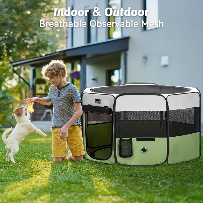PETSFIT Розкладний вольєр для цуценят та дрібних тварин, вольєр для собак та котів, з водонепроникним дном, Pop-up система, захист від гризучих, 92 x 84 x 53 см (Сірий/Зелений)