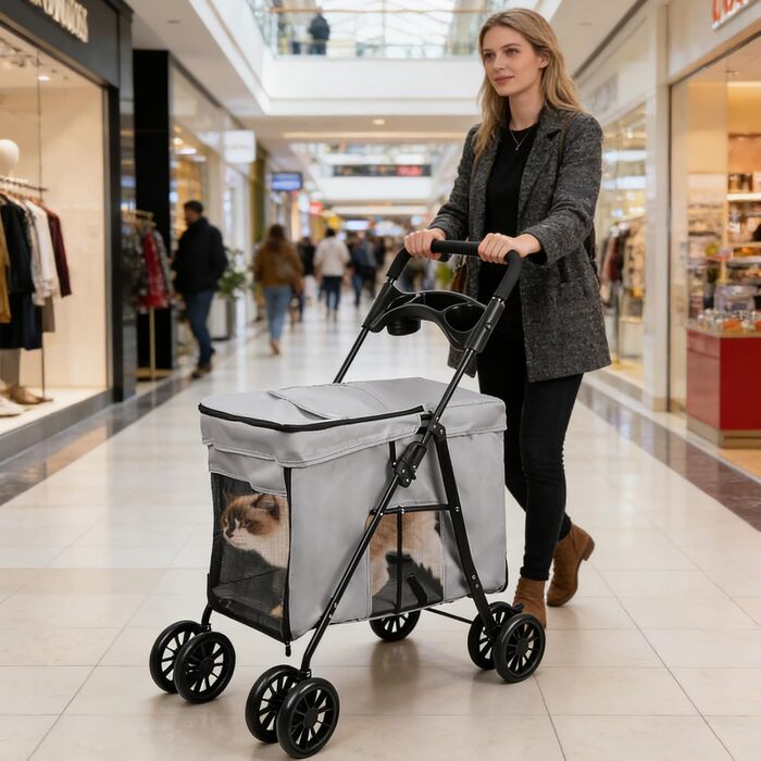 Візок для тварин, бугі для собак та котів, складний, сірий. Міцний, водонепроникний, з дихаючим матеріалом, до 20 кг.
