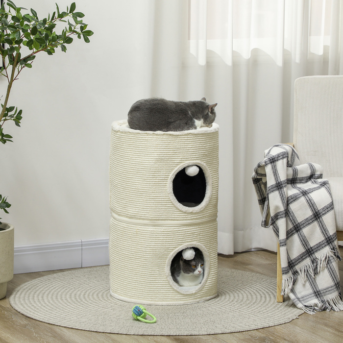 PawHut Scratching Barrel, Бочка для кішок висотою 69 см з 2 отворами, Play Ball, Подільне котяче дерево, Cat Tower для кішок до 5 кг, Cream White | Аосом