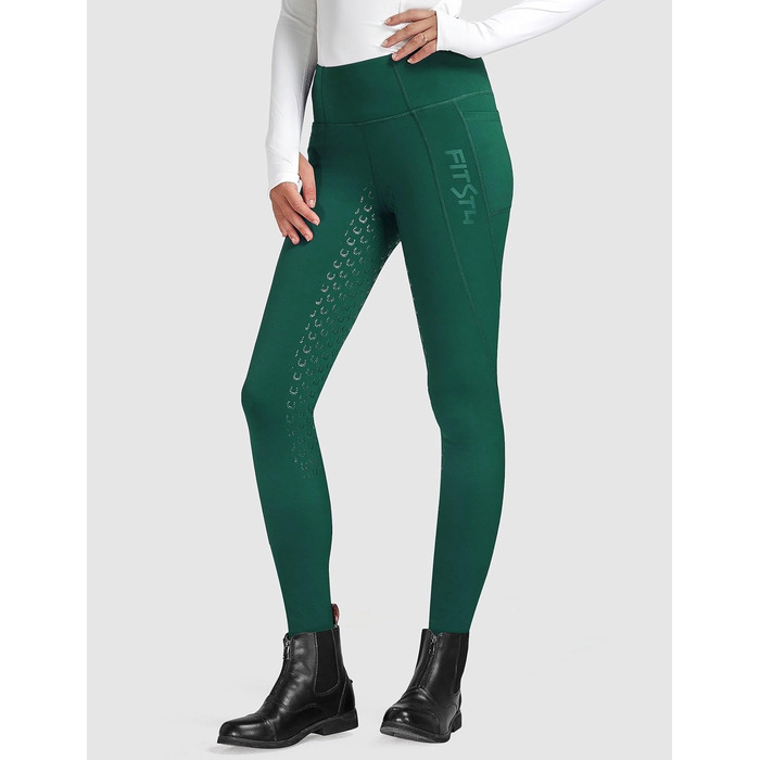 Легінси для верхової їзди жіночі зимові FitsT4 з силіконовим повним покриттям, флісовою підкладкою, кишенею для телефону та петлями для ременя (L, Темно-зелений)