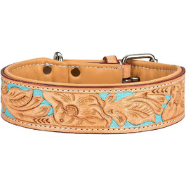 Обідній шкіряний нашийник для собак Mariano, бежевий, блакитний, коричневий, з візерунком квітів, розмір 24-28,5 см