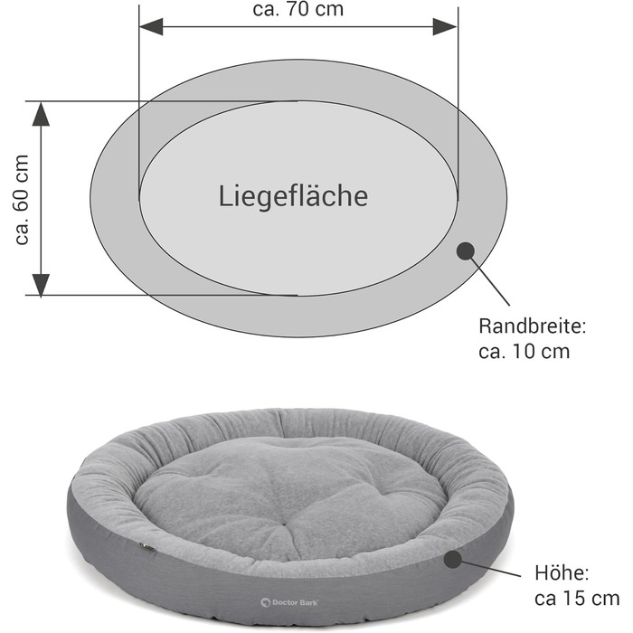 Кругле лежанка для собак великих порід Doctor Bark GreenLabel, 70x60 см, світло-сірий, з м'яким флісовим/бавовняним подушкою
