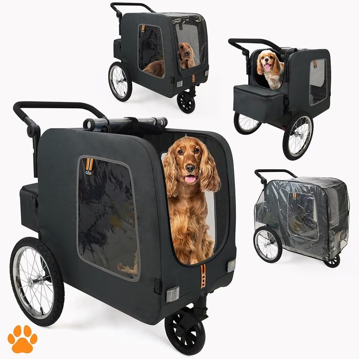 Універсальний візок для собак Chase 3-в-1 (до 30 кг) | Чорний | З дощем та з'єднувачем