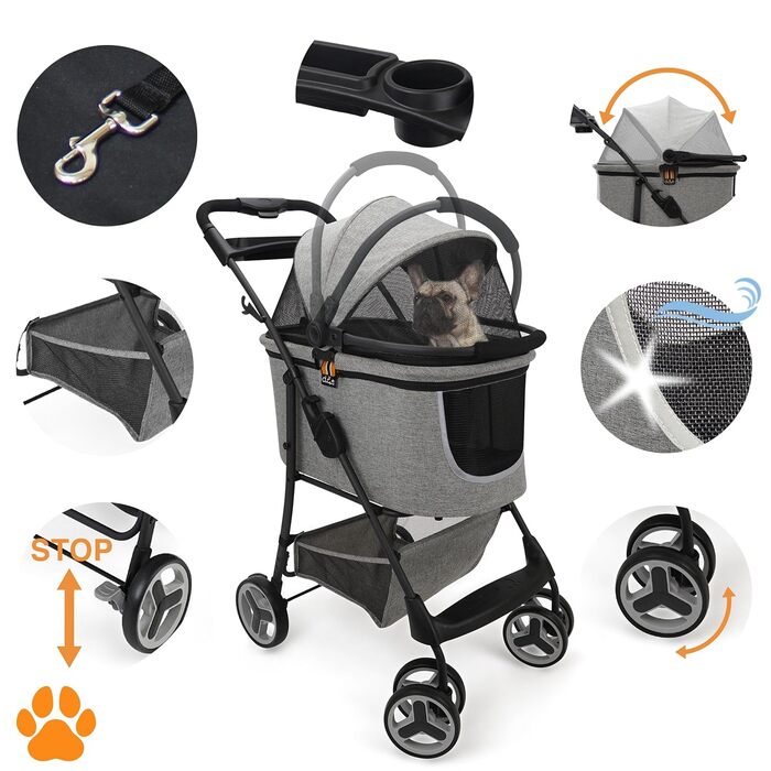 Візок для собак 2-в-1 CECE з переносною коробкою | Складаний візок-коробка для собак сірого кольору з додатковим кошиком для покупок та аксесуарів