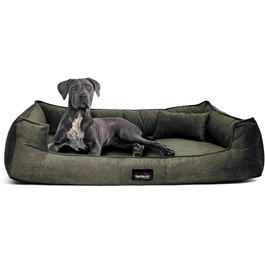 Ортопедичне ліжко для собак Tierlando® Bruce з знімним та пральним велюровим покриттям, диван для собак середніх та великих порід. Розмір: 110x90см, Колір: Оливковий (26). Розміри: 110 x 90 x 25 см