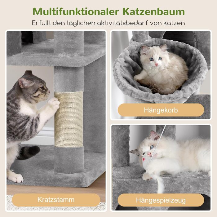 Драбина-стіл для котів Globlazer з 3 будиночками, платформа, 5 сизалевих стовпчиків, кошик та іграшками, 168 см, сірий