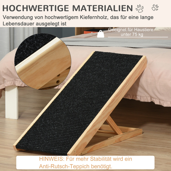 PawHut Pet Ramp Регульований пандус для собак з нековзним килимом з соснового дерева та поліестеру 90x40x61см для собак та котів
