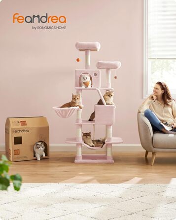 Велика когтеточка для котів Feandrea 168 см, багаторівнева, 13 стовпців, 2 платформи, 2 будиночки, кошик, гамак, ігрові м'ячики, бежевий