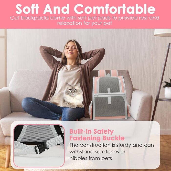 Складаний рюкзак для котів та собак, рюкзак-переноска з сіткою, м'яка підстилка, до 6,8 кг, дихаючий, для подорожей, прогулянок (рожевий)