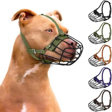 Металевий намордник для собак Pitbull, дихаючий, регульований, для великих порід (Amstaff, Staffordshire Terrier), з шкіряними ременями, захист від укусу, жування, гавкання, оливковий
