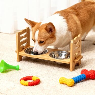 Підвищена годівниця для собак RLAVBL з бамбука, регульована, для повільного годування, з 2 нержавіючими мисками, антиковзаючі підкладки, для собак та котів
