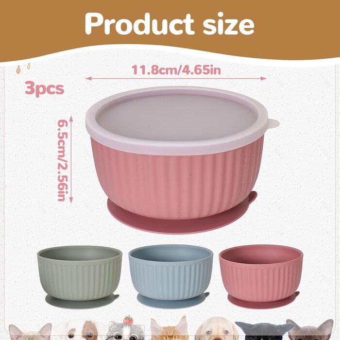 Набір мисок для котів та маленьких собак з силікону (3 шт) з кришками, неслизькі, для мікрохвильовки та посудомийної машини, смугастий дизайн