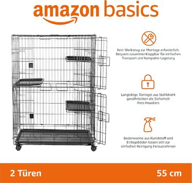Amazon Basics великий міцний триповерховий котячий вольєр, металевий, чорний, 91x57x129 см