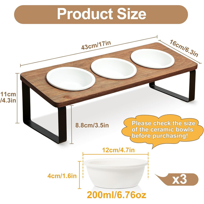 Набір мисок для котячого корму Sunhoo: 3 шт., кераміка, похила, ортопедична, для зменшення блювоти, коричнева