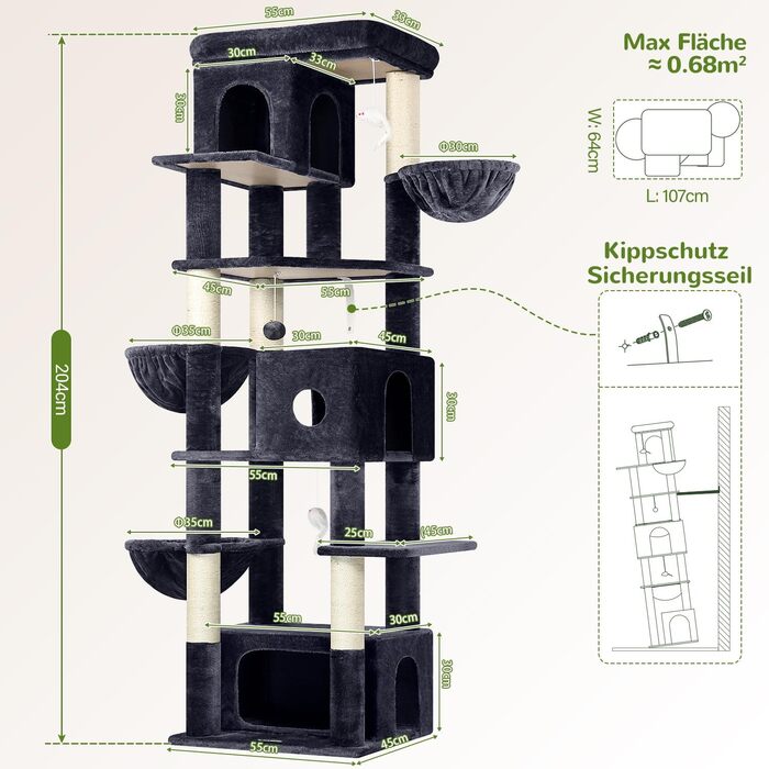 Кігтеточка Globlazer 204 см з 3 будиночками, 2 платформами, 3 м'якими будиночками для котів, стабільна, для 3-5 котів, відпочинок, ігри, дряпання, інтер'єр (Dunkelgrau)