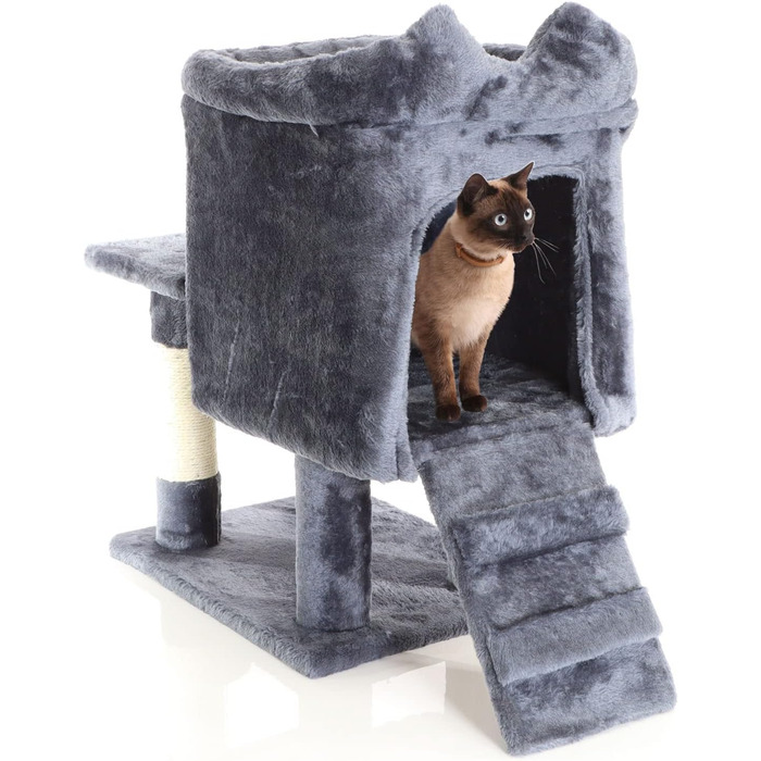 Котячий будиночок та кігтеточка Fudajo темно-сірого кольору 60 см з платформою, лежаком та ігровим м'ячиком, кігтеточка з драбиною, меблі для котів з сизалю